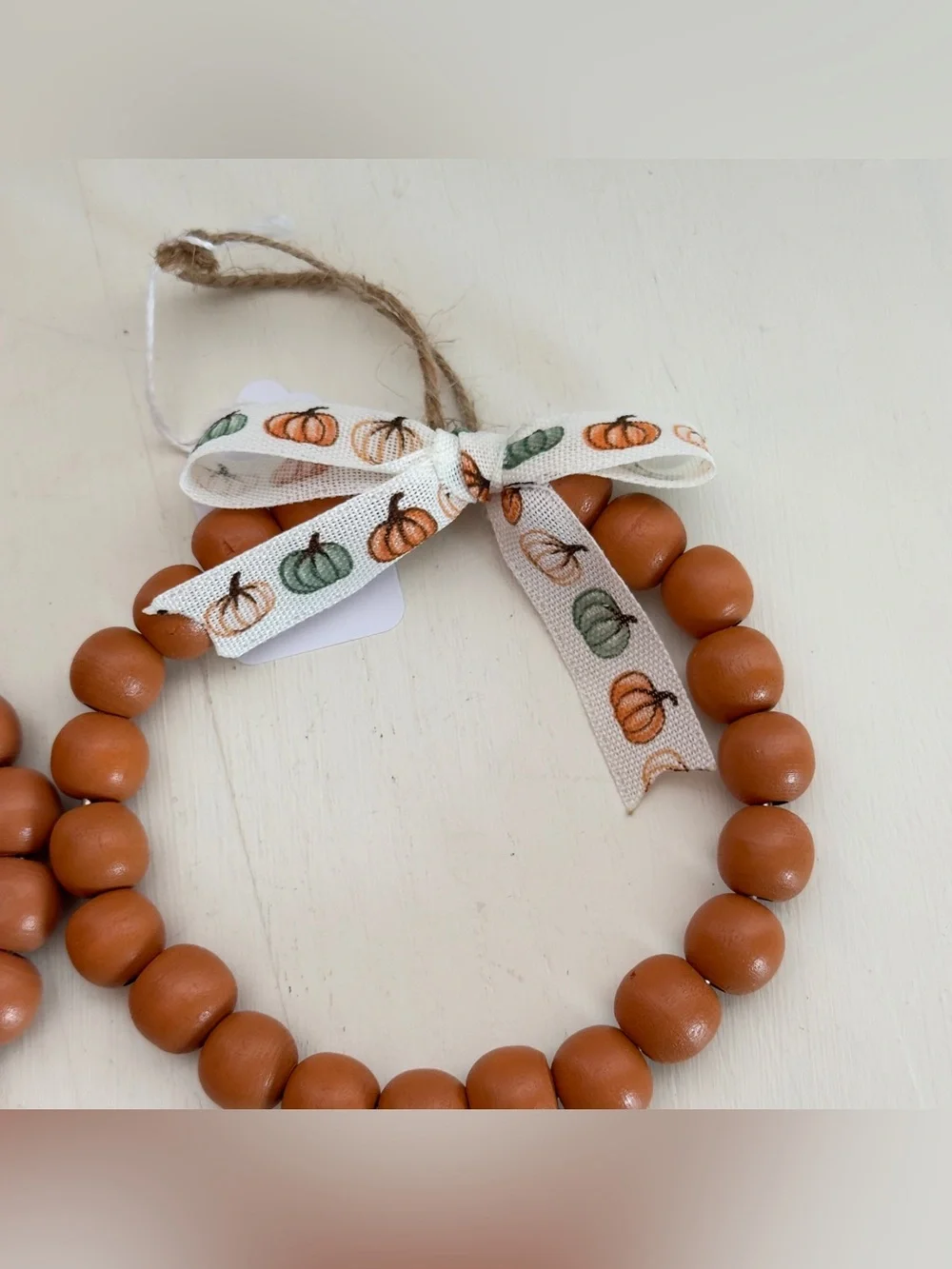 2 Handmade Wood Beaded Ornament With Pumpkin Print Bow